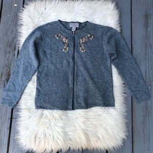 Eddie Bauer Wool Blend 3D Floral Embroidered Zip Up Gray Sweater Cardigan size S